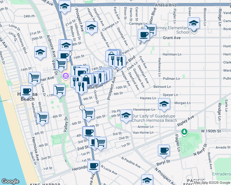 map of restaurants, bars, coffee shops, grocery stores, and more near 1137 9th Street in Hermosa Beach