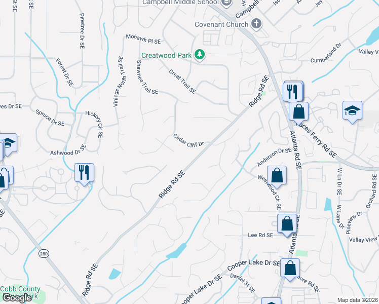 map of restaurants, bars, coffee shops, grocery stores, and more near 1820 Cedar Cliff Drive in Smyrna
