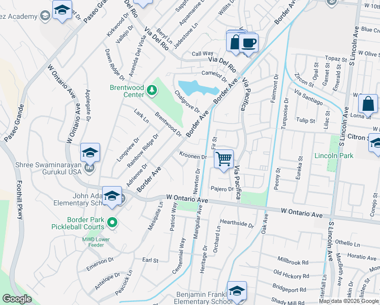 map of restaurants, bars, coffee shops, grocery stores, and more near 1828 Peeler Street in Corona