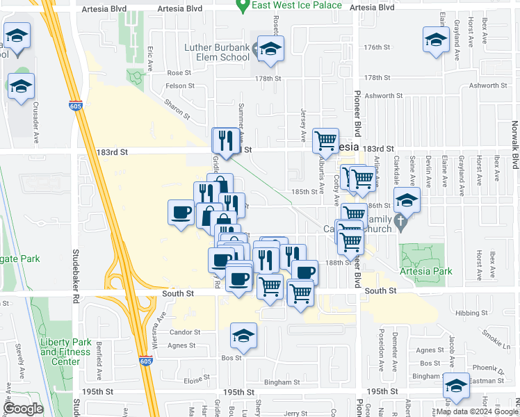 map of restaurants, bars, coffee shops, grocery stores, and more near 11540 186th Street in Artesia