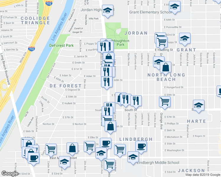 map of restaurants, bars, coffee shops, grocery stores, and more near 5928 Atlantic Avenue in Long Beach