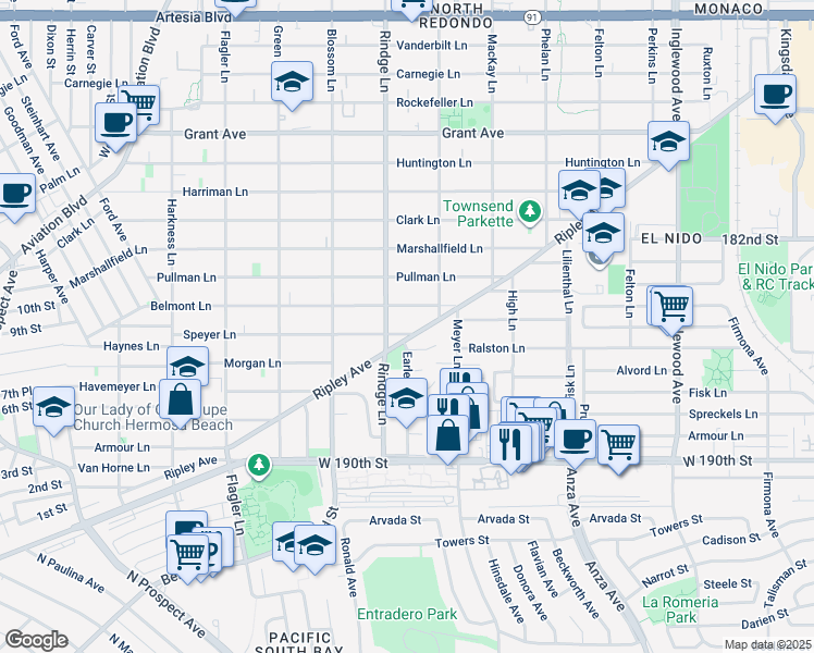map of restaurants, bars, coffee shops, grocery stores, and more near 2203 Speyer Lane in Redondo Beach