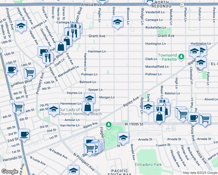 map of restaurants, bars, coffee shops, grocery stores, and more near 1925 Speyer Lane in Redondo Beach