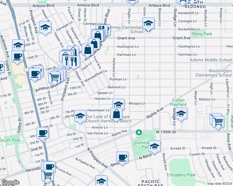 map of restaurants, bars, coffee shops, grocery stores, and more near 1740 Speyer Lane in Redondo Beach
