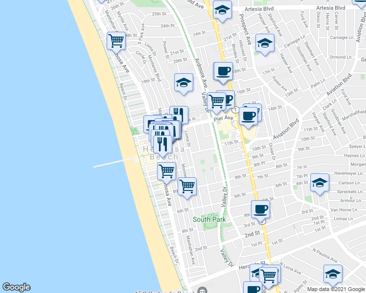 map of restaurants, bars, coffee shops, grocery stores, and more near 1107 Monterey Boulevard in Hermosa Beach