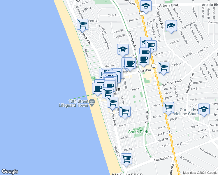 map of restaurants, bars, coffee shops, grocery stores, and more near in Hermosa Beach