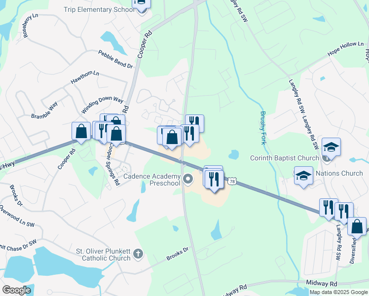 map of restaurants, bars, coffee shops, grocery stores, and more near 2949 Rosebud Road in Loganville