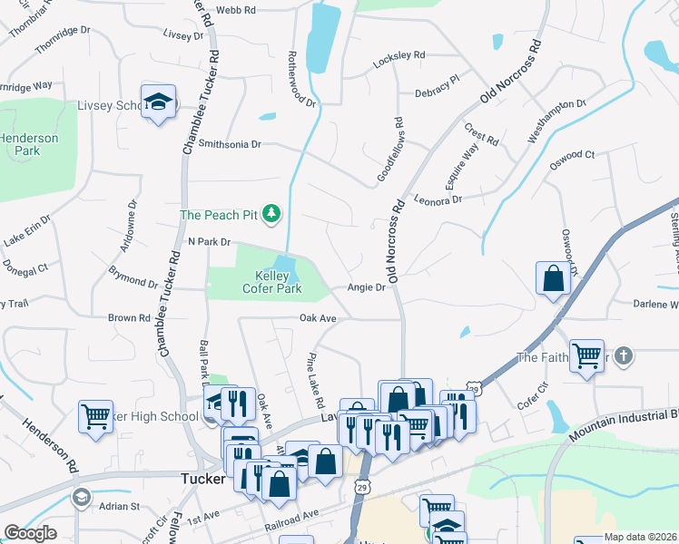 map of restaurants, bars, coffee shops, grocery stores, and more near 2611 Velma Burns Court in Tucker