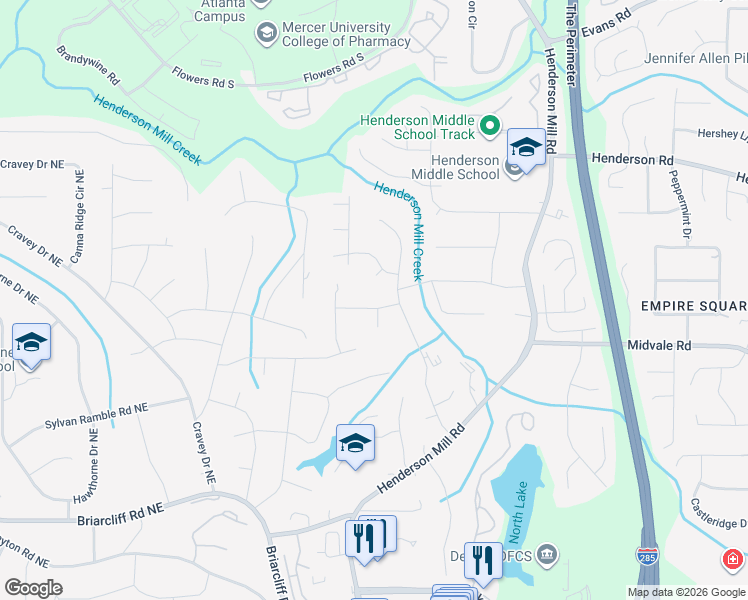 map of restaurants, bars, coffee shops, grocery stores, and more near 3194 Sugarplum Road Northeast in Atlanta