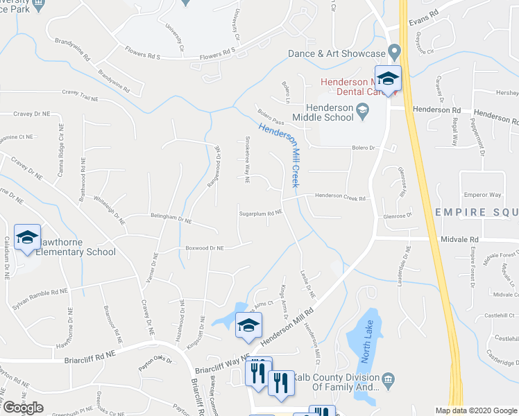 map of restaurants, bars, coffee shops, grocery stores, and more near 3194 Sugarplum Road Northeast in Atlanta