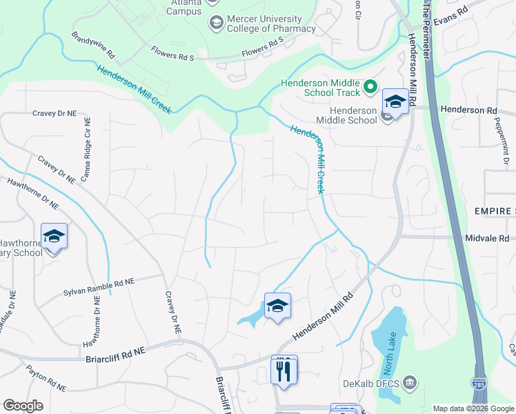 map of restaurants, bars, coffee shops, grocery stores, and more near 2604 Kings Lake Court Northeast in Atlanta