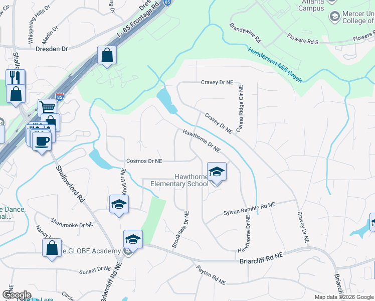 map of restaurants, bars, coffee shops, grocery stores, and more near 2630 Caladium Drive Northeast in Atlanta