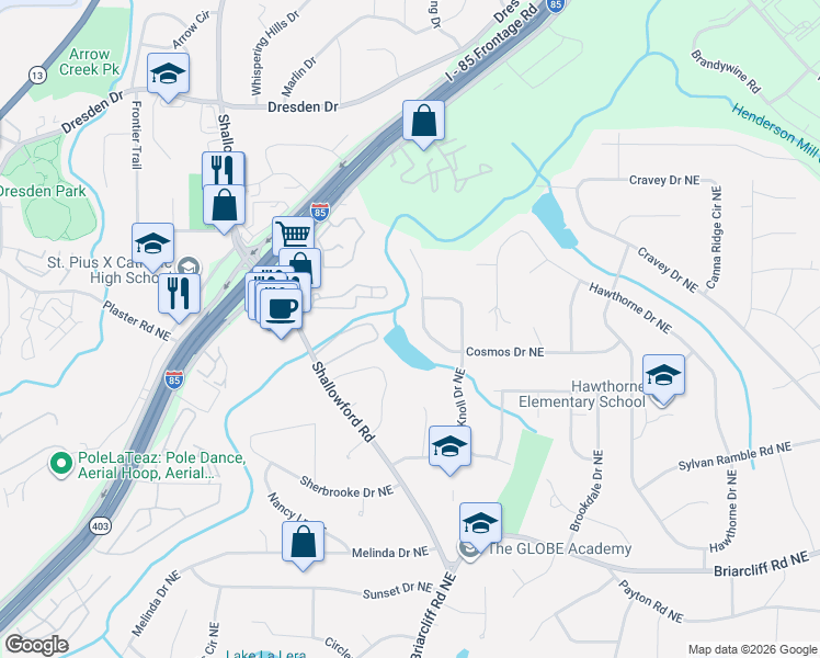 map of restaurants, bars, coffee shops, grocery stores, and more near 2574 Bradford Square Northeast in Atlanta