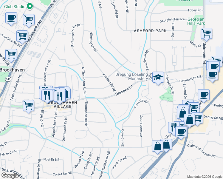 map of restaurants, bars, coffee shops, grocery stores, and more near 2574 Ashford Road Northeast in Atlanta