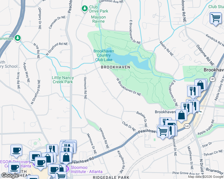 map of restaurants, bars, coffee shops, grocery stores, and more near 3935 Club Drive Northeast in Atlanta