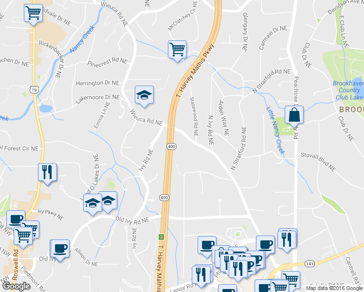 map of restaurants, bars, coffee shops, grocery stores, and more near 4024 Wieuca Road Northeast in Atlanta