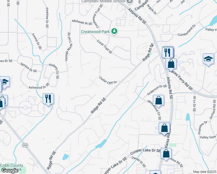 map of restaurants, bars, coffee shops, grocery stores, and more near 1820 Cedar Cliff Drive in Smyrna
