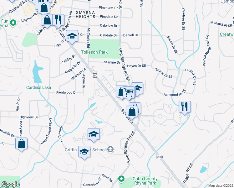 map of restaurants, bars, coffee shops, grocery stores, and more near 600 Luckett Court in Smyrna