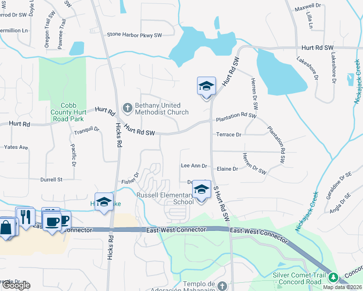 map of restaurants, bars, coffee shops, grocery stores, and more near 3770 Russell Street Southwest in Smyrna