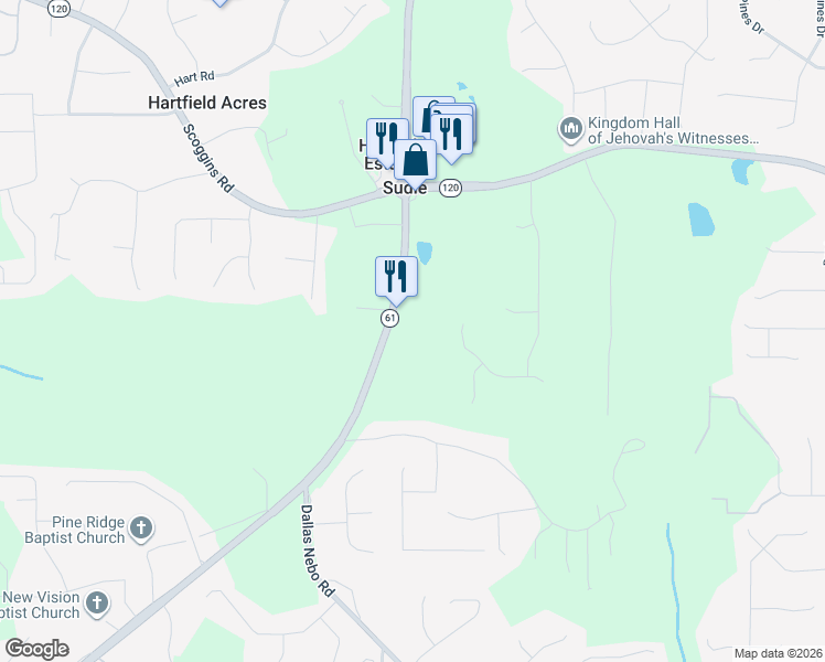 map of restaurants, bars, coffee shops, grocery stores, and more near 3427 Villa Rica Highway in Dallas