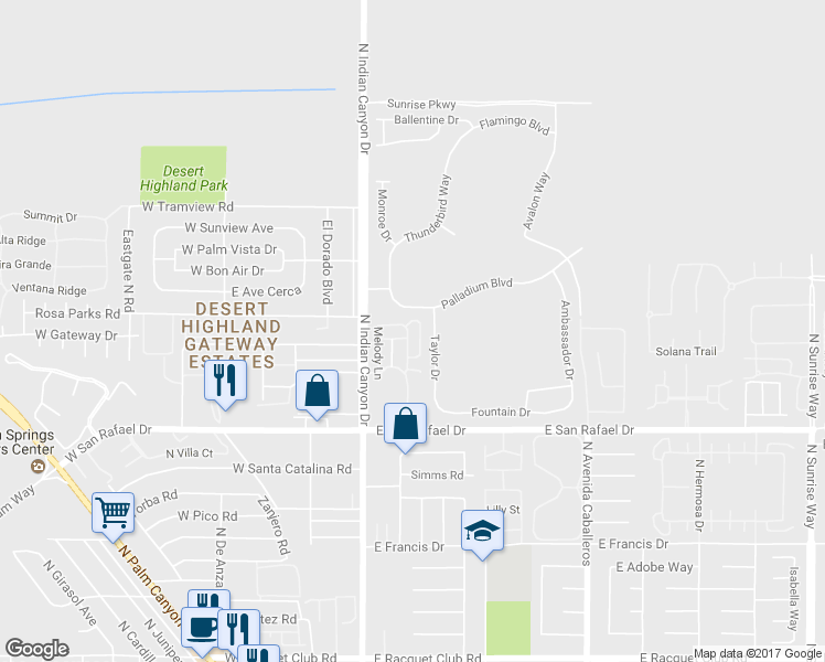 map of restaurants, bars, coffee shops, grocery stores, and more near 3676 Sunburst Boulevard in Palm Springs