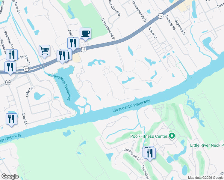 map of restaurants, bars, coffee shops, grocery stores, and more near 4557 Greenbriar Drive in Little River