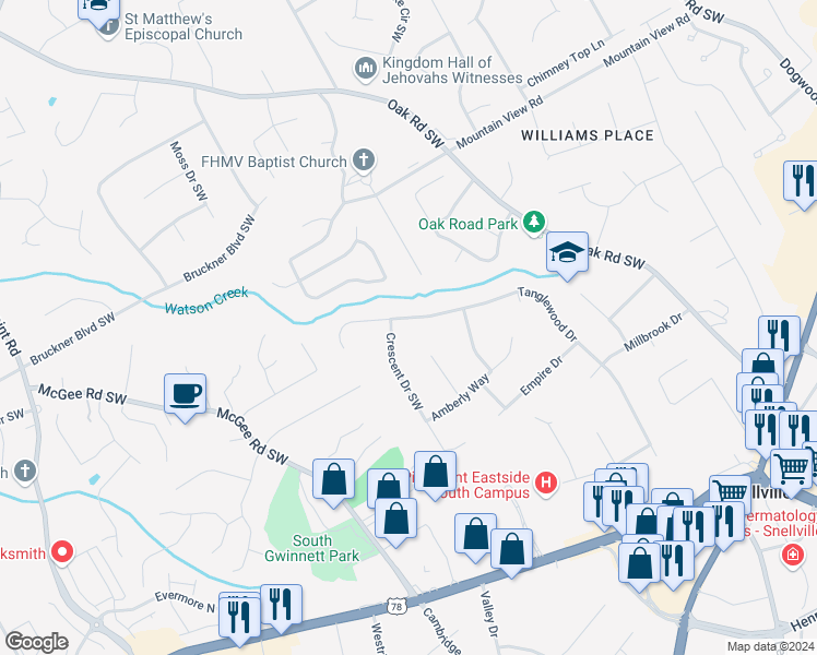map of restaurants, bars, coffee shops, grocery stores, and more near 1967 Tanglewood Drive in Snellville