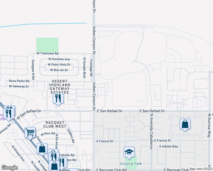 map of restaurants, bars, coffee shops, grocery stores, and more near 3676 Sunburst Boulevard in Palm Springs