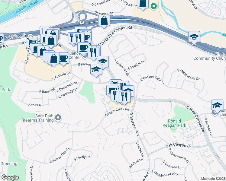 map of restaurants, bars, coffee shops, grocery stores, and more near 510 South Hollydale Lane in Anaheim
