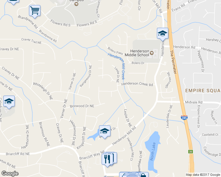 map of restaurants, bars, coffee shops, grocery stores, and more near 3186 Sugarplum Road Northeast in Atlanta