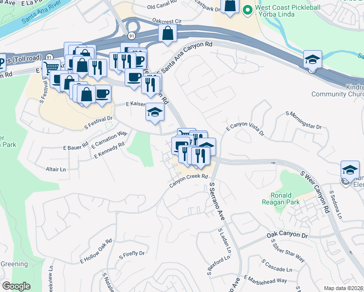 map of restaurants, bars, coffee shops, grocery stores, and more near 701 South Weir Canyon Road in Anaheim
