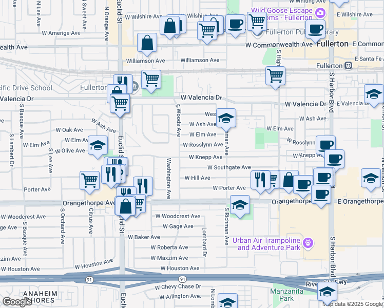 map of restaurants, bars, coffee shops, grocery stores, and more near 617 West Knepp Avenue in Fullerton