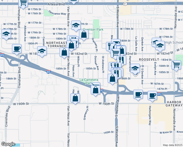 map of restaurants, bars, coffee shops, grocery stores, and more near 18521 Gramercy Place in Torrance