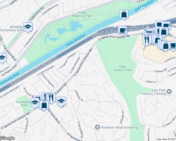 map of restaurants, bars, coffee shops, grocery stores, and more near 7665 East Silver Dollar Lane in Anaheim