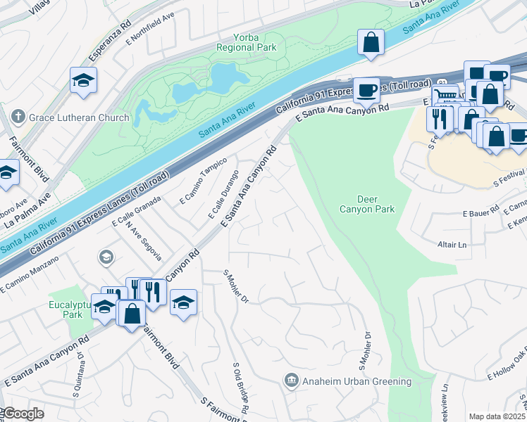 map of restaurants, bars, coffee shops, grocery stores, and more near 7655 East Silver Dollar Lane in Anaheim