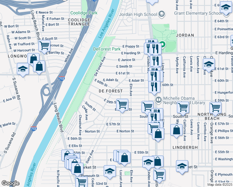 map of restaurants, bars, coffee shops, grocery stores, and more near 251 East Osgood Street in Long Beach