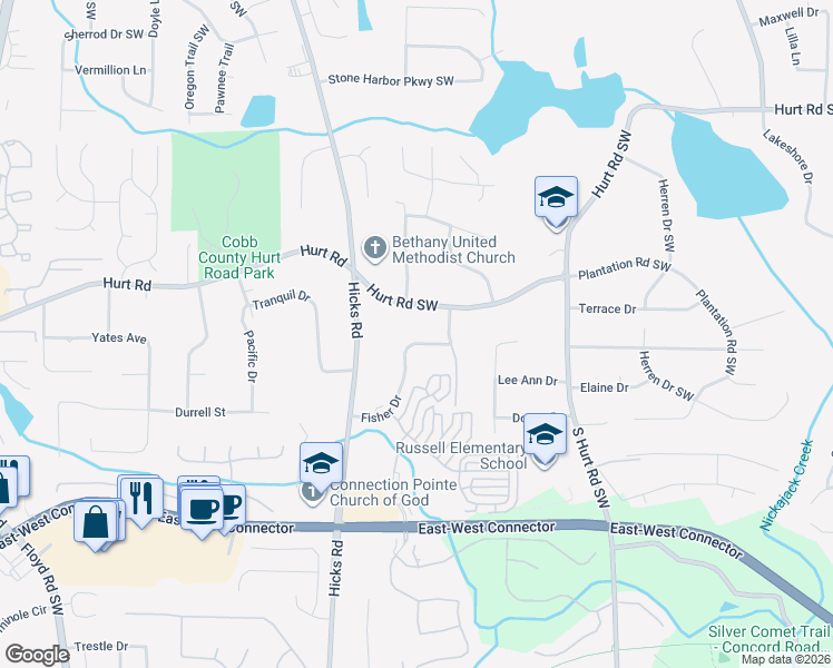 map of restaurants, bars, coffee shops, grocery stores, and more near 3782 Fisher Drive in Smyrna