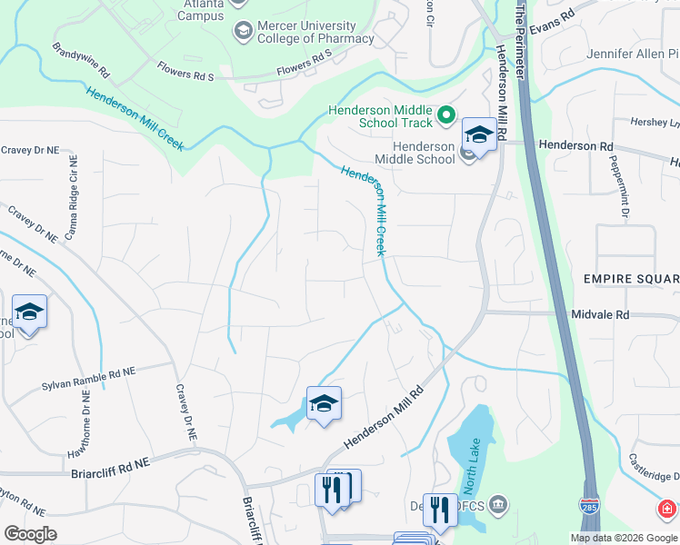 map of restaurants, bars, coffee shops, grocery stores, and more near 3194 Sugarplum Road Northeast in Atlanta