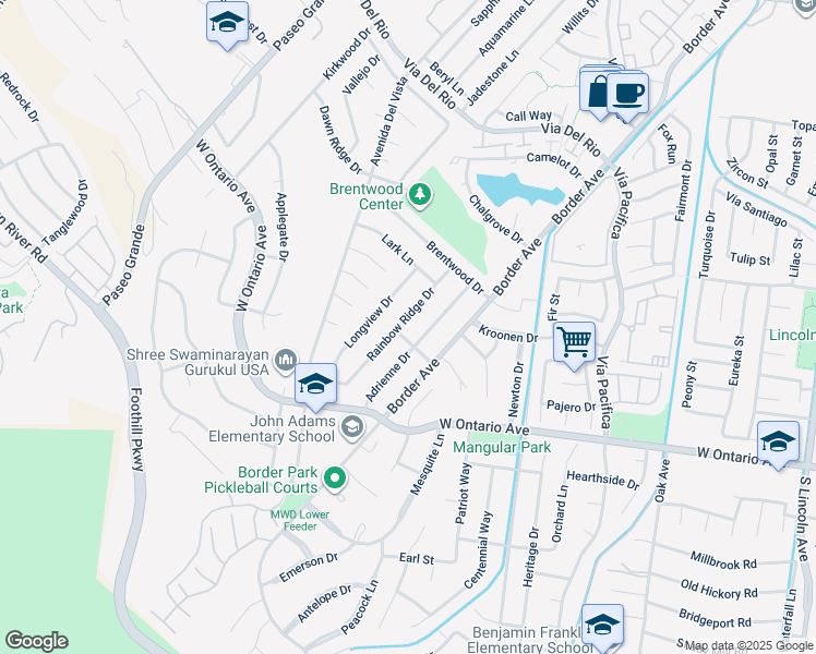 map of restaurants, bars, coffee shops, grocery stores, and more near 1965 Rainbow Ridge Drive in Corona