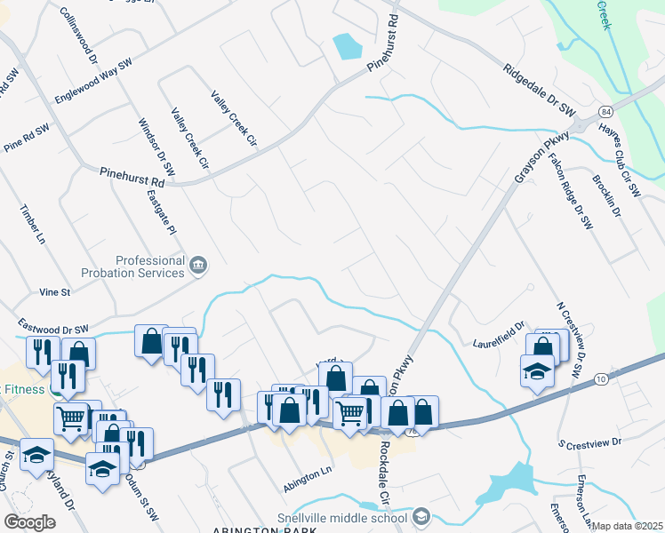 map of restaurants, bars, coffee shops, grocery stores, and more near 1873 Easter Cody Court Southwest in Grayson