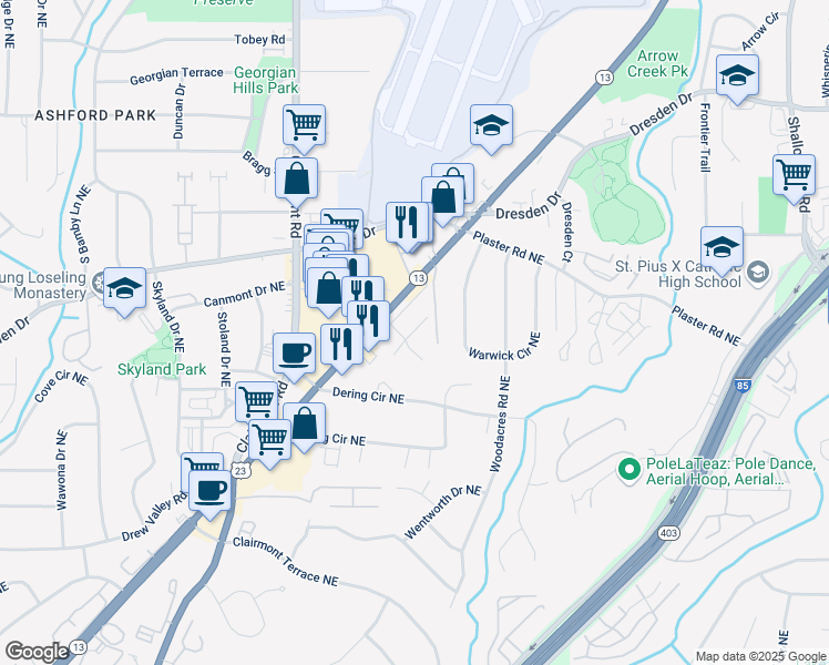 map of restaurants, bars, coffee shops, grocery stores, and more near 4153 Buford Highway Northeast in Atlanta