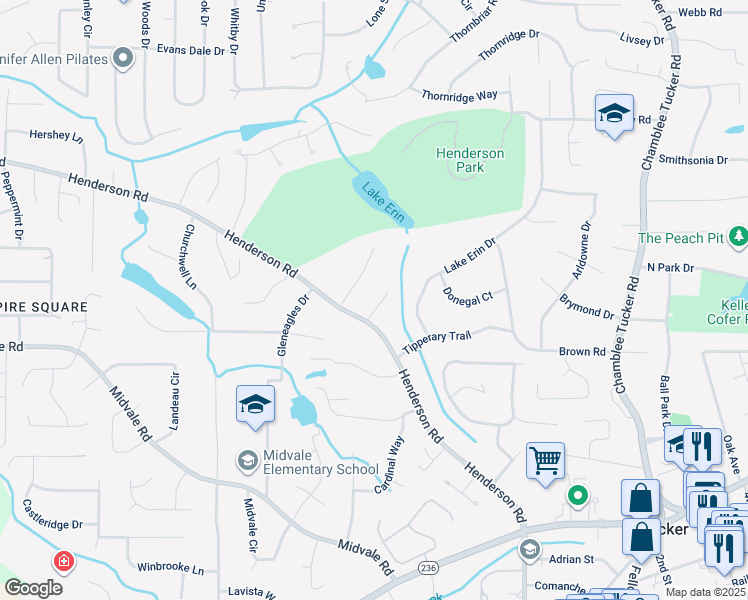 map of restaurants, bars, coffee shops, grocery stores, and more near 1996 Springview Trail in Tucker
