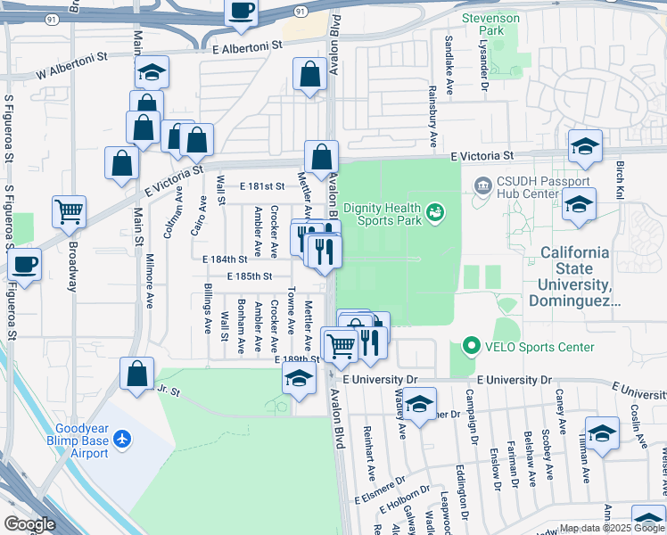 map of restaurants, bars, coffee shops, grocery stores, and more near South Avalon Boulevard in Carson