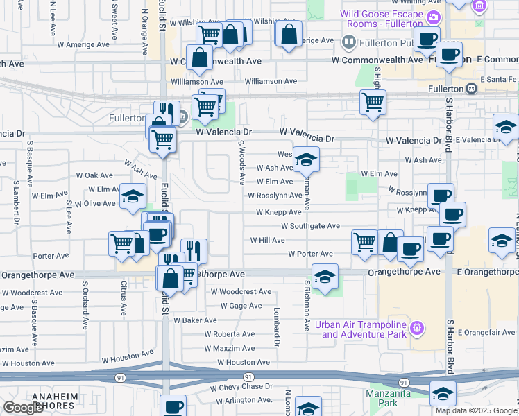 map of restaurants, bars, coffee shops, grocery stores, and more near 617 West Knepp Avenue in Fullerton
