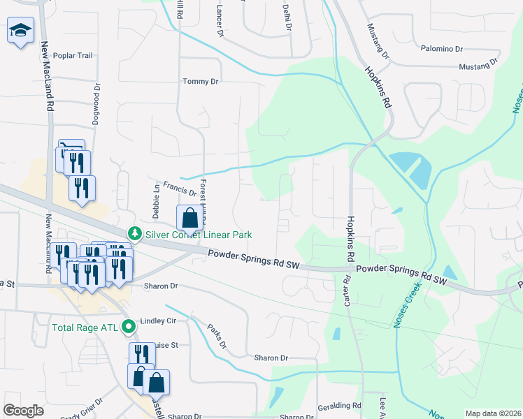 map of restaurants, bars, coffee shops, grocery stores, and more near 3765 Ponderosa Lane in Powder Springs