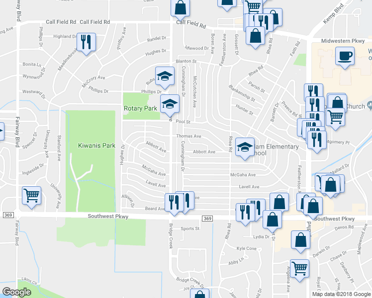 map of restaurants, bars, coffee shops, grocery stores, and more near 4409 Cunningham Drive in Wichita Falls