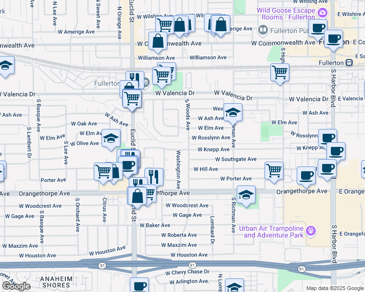 map of restaurants, bars, coffee shops, grocery stores, and more near 709 West Knepp Avenue in Fullerton