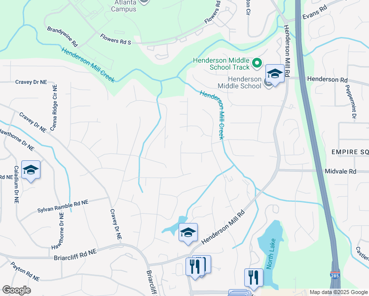 map of restaurants, bars, coffee shops, grocery stores, and more near 2603 Kings Lake Court Northeast in Atlanta