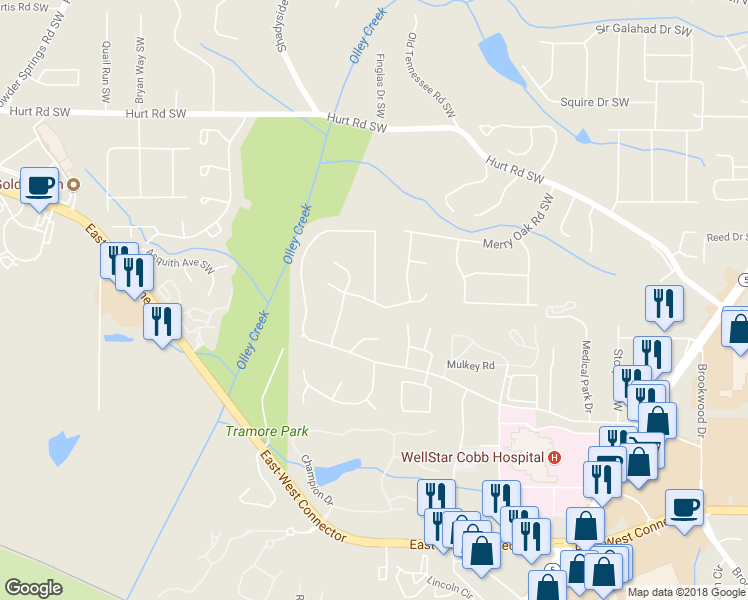 map of restaurants, bars, coffee shops, grocery stores, and more near 3796 Mulkey Road Southwest in Marietta