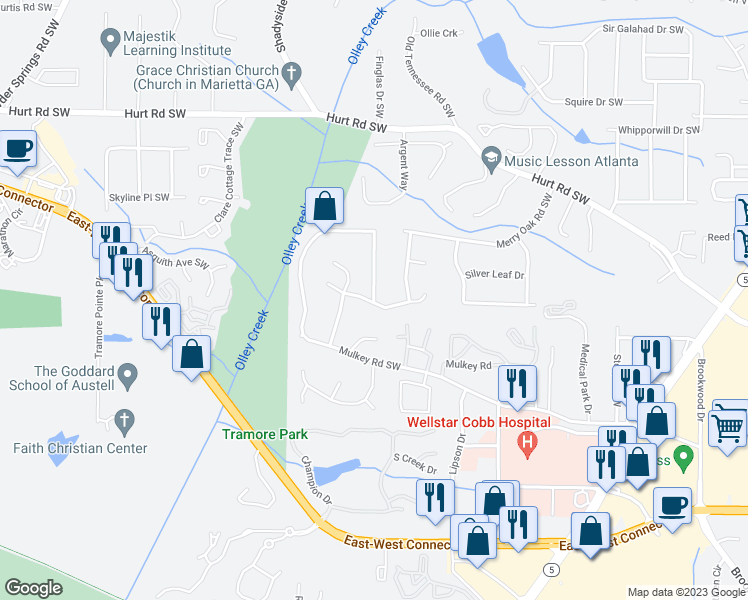map of restaurants, bars, coffee shops, grocery stores, and more near 3784 Mulkey Road Southwest in Marietta
